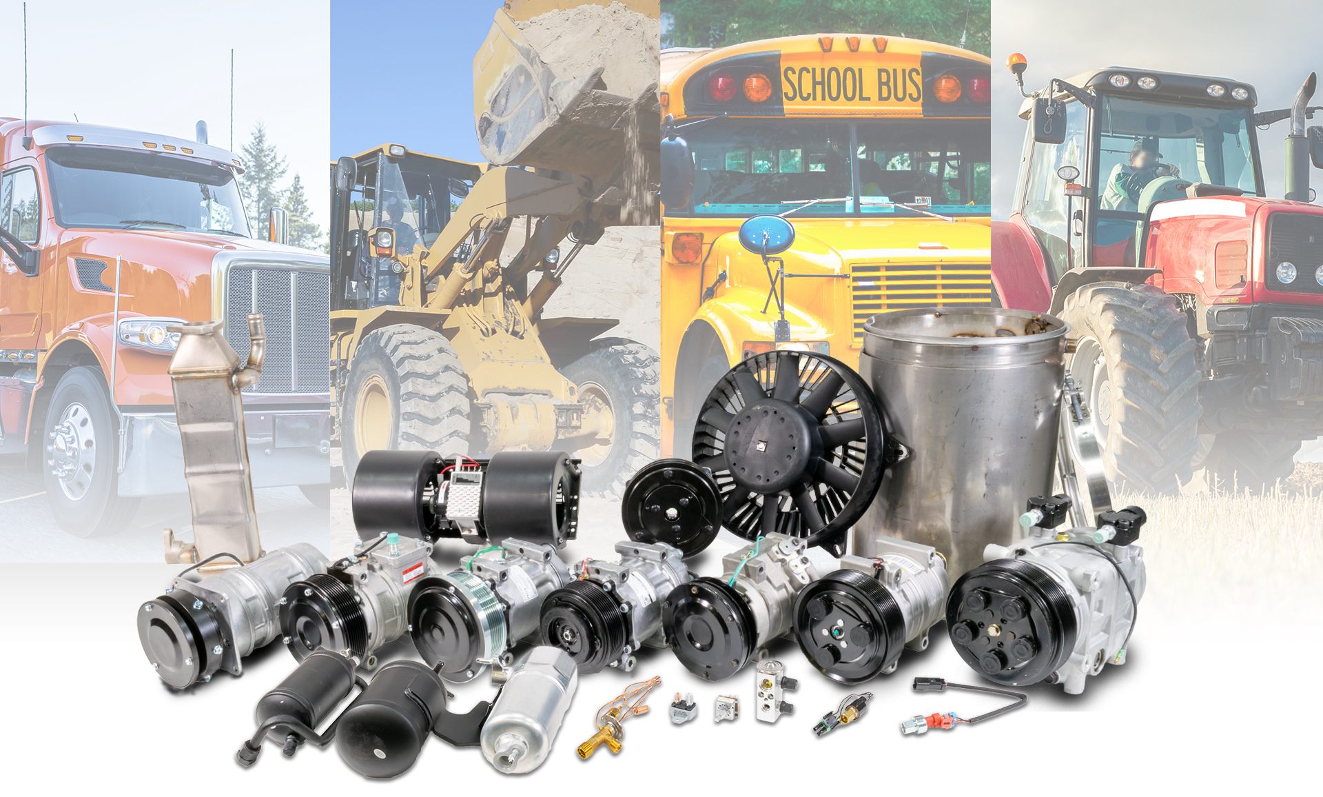 Sunair mobile air conditioning compressors, fans, driers and components in front of trucks, buses and agricultural equipment